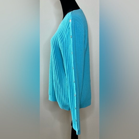 Talbots rib knit turquoise long sleeve sweater silver button detail Large EUC - Picture 4 of 6